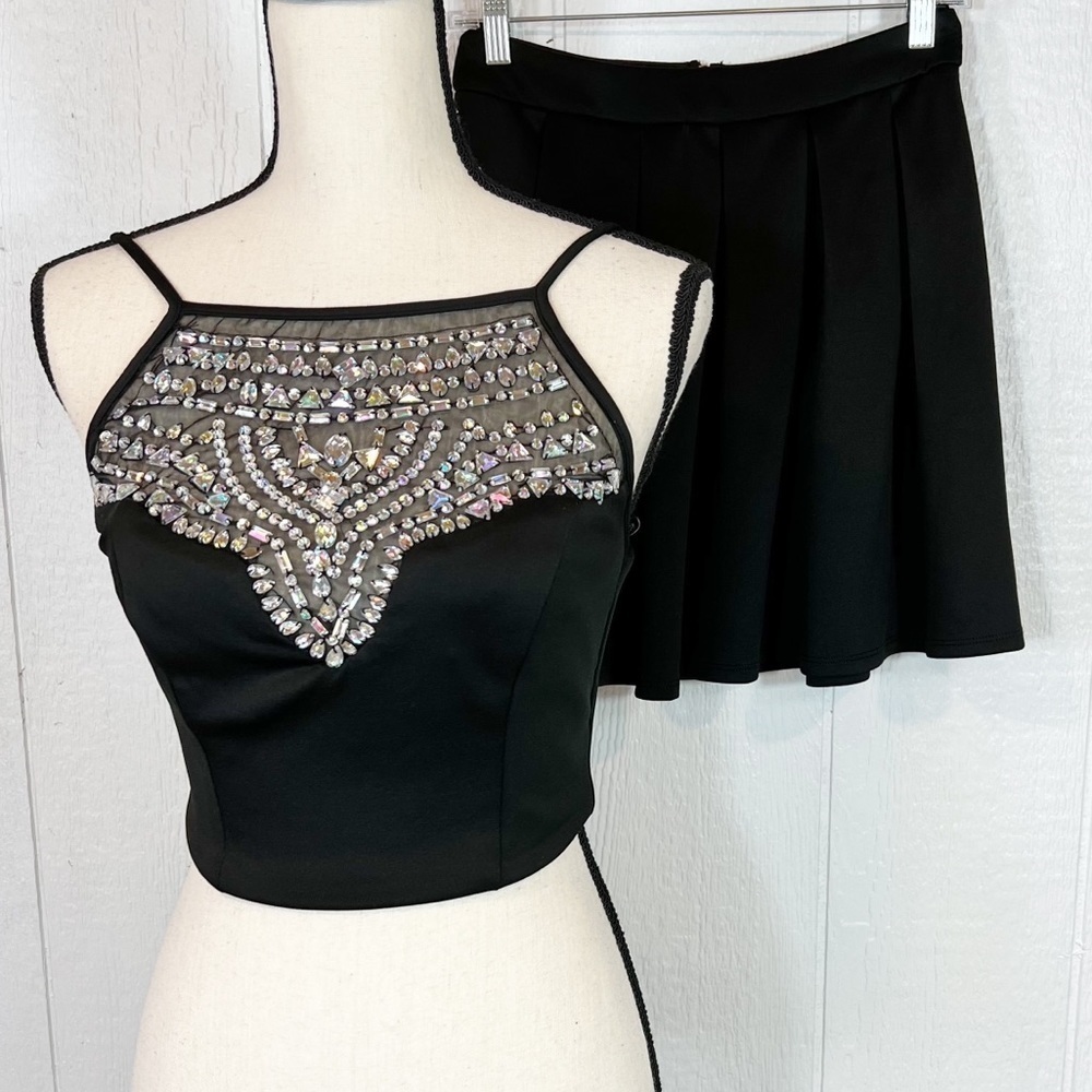 B. Darlin Party Set Black Crop Top and Skirt With Rhinestones Size 3 / 4
